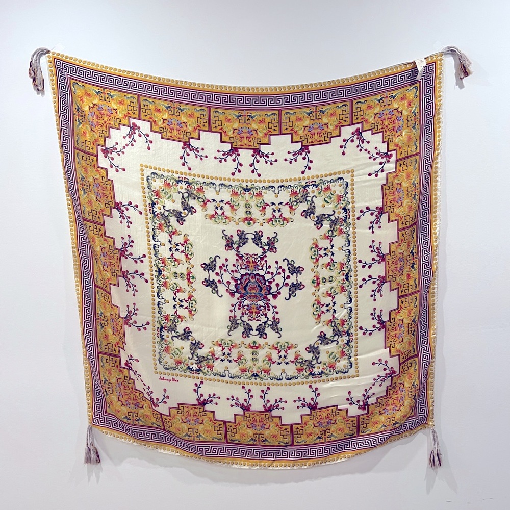 Johnny Was "Asia" Silk Tassel Scarf - 44" Square - Yellow Ivory Burgundy